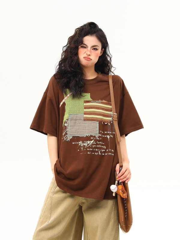 Vintage-Inspired American Patch Design Short Sleeve T-Shirt for Women - Trendy Summer Versatile Top