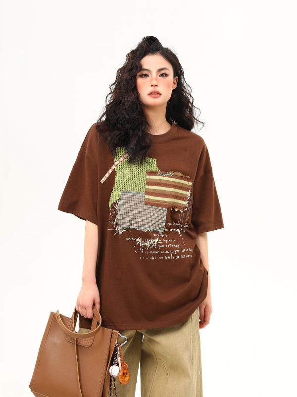 Vintage-Inspired American Patch Design Short Sleeve T-Shirt for Women - Trendy Summer Versatile Top