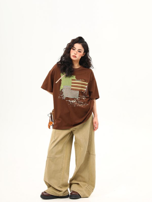 Vintage-Inspired American Patch Design Short Sleeve T-Shirt for Women - Trendy Summer Versatile Top
