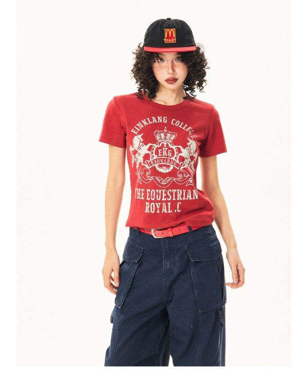 Vintage-Inspired American Printed Short Sleeve T-Shirt for Women - Summer Slim Fit Casual Top