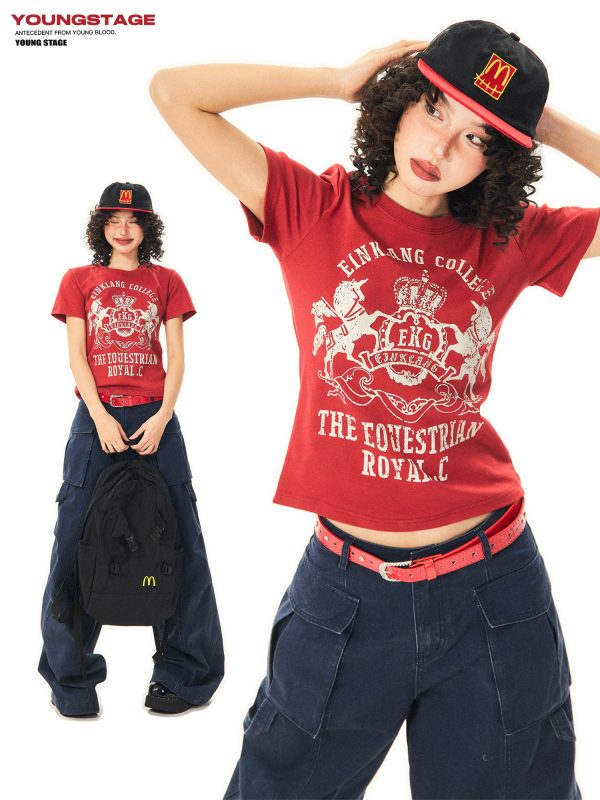 Vintage-Inspired American Printed Short Sleeve T-Shirt for Women - Summer Slim Fit Casual Top