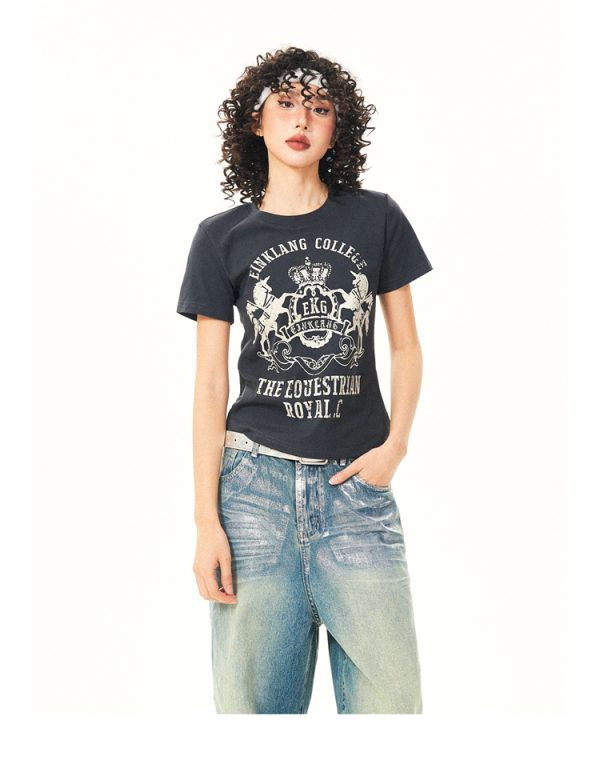 Vintage-Inspired American Printed Short Sleeve T-Shirt for Women - Summer Slim Fit Casual Top