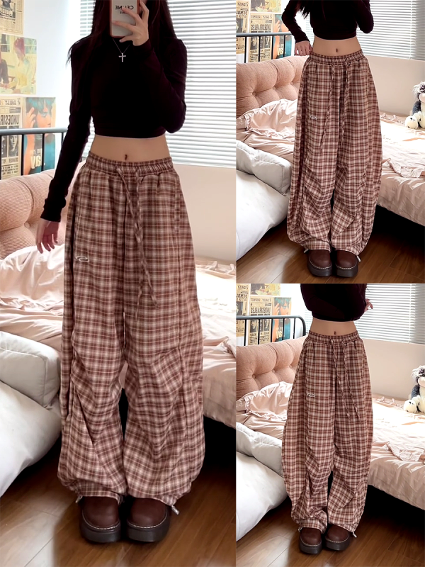 Vintage-Inspired Elastic Waist Plaid Work Pants for Women - Casual Wide-Leg Drawstring Drape Curved Knife Design