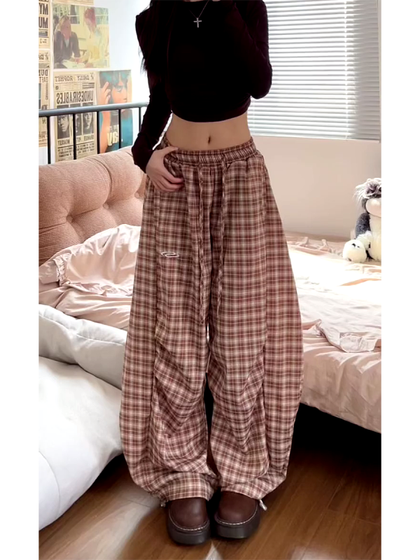 Vintage-Inspired Elastic Waist Plaid Work Pants for Women - Casual Wide-Leg Drawstring Drape Curved Knife Design