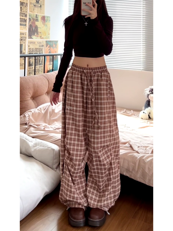 Vintage-Inspired Elastic Waist Plaid Work Pants for Women - Casual Wide-Leg Drawstring Drape Curved Knife Design