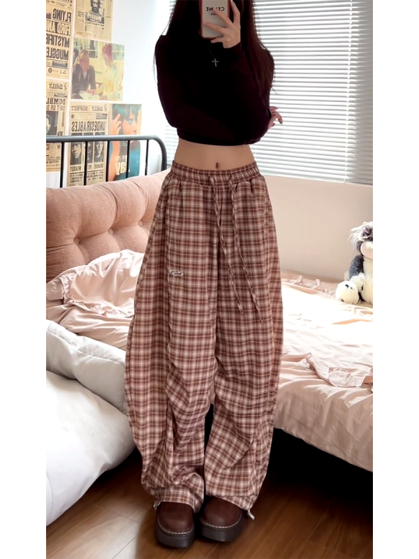 Vintage-Inspired Elastic Waist Plaid Work Pants for Women - Casual Wide-Leg Drawstring Drape Curved Knife Design
