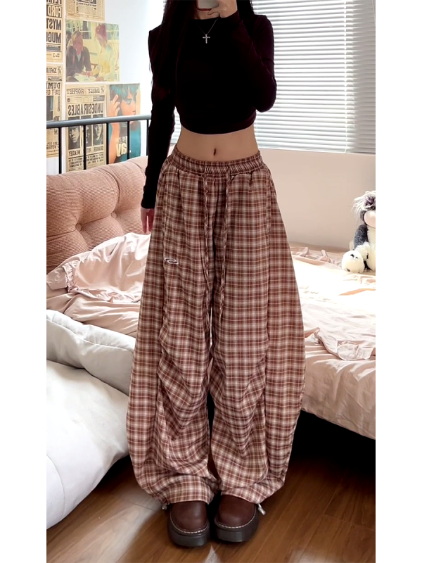 Vintage-Inspired Elastic Waist Plaid Work Pants for Women - Casual Wide-Leg Drawstring Drape Curved Knife Design