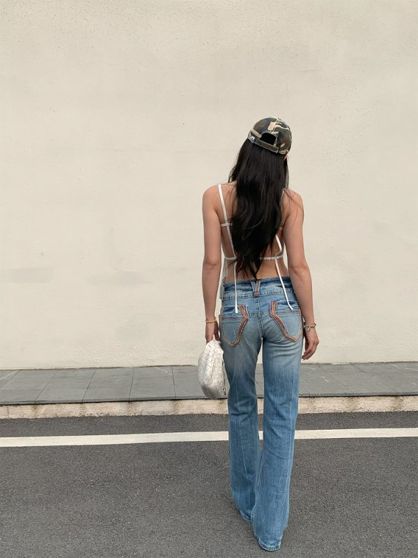 Vintage-Inspired Embroidered Wide-Waist Lycra Flared Jeans for Women - 90s Y2K Style