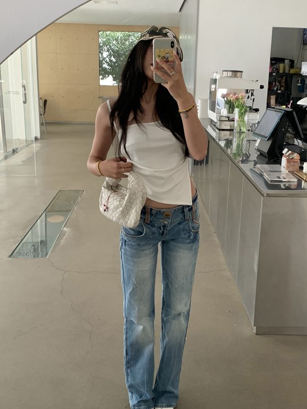 Vintage-Inspired Embroidered Wide-Waist Lycra Flared Jeans for Women - 90s Y2K Style