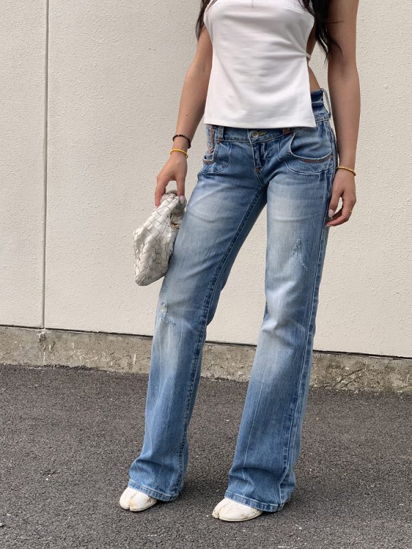 Vintage-Inspired Embroidered Wide-Waist Lycra Flared Jeans for Women - 90s Y2K Style