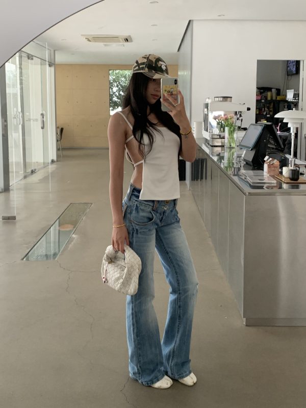 Vintage-Inspired Embroidered Wide-Waist Lycra Flared Jeans for Women - 90s Y2K Style