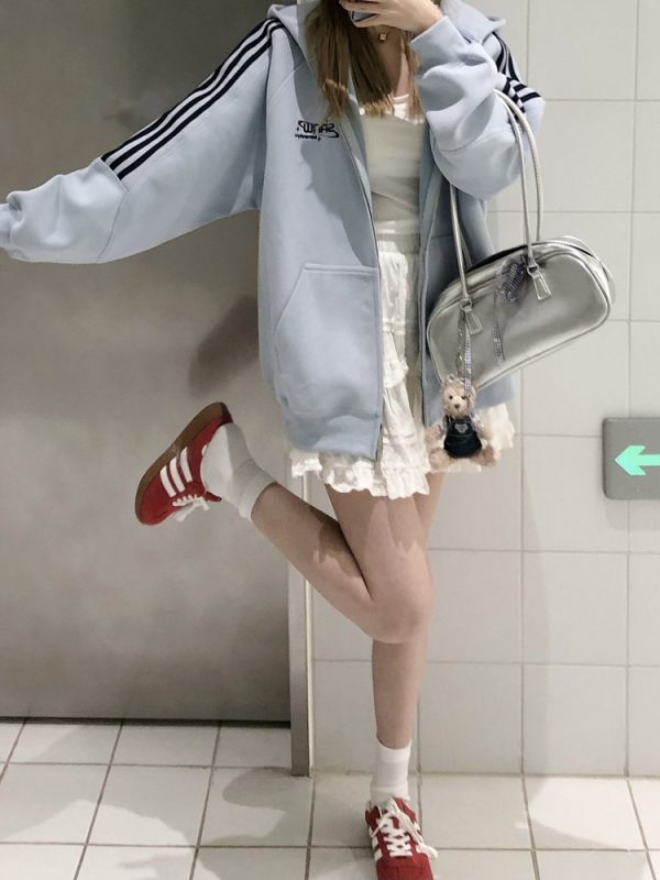 Vintage-Inspired Hooded Cardigan Sweatshirt for Couples - Unisex Loose Fit Zipper Jacket in Nostalgic Sports Style for Back to School