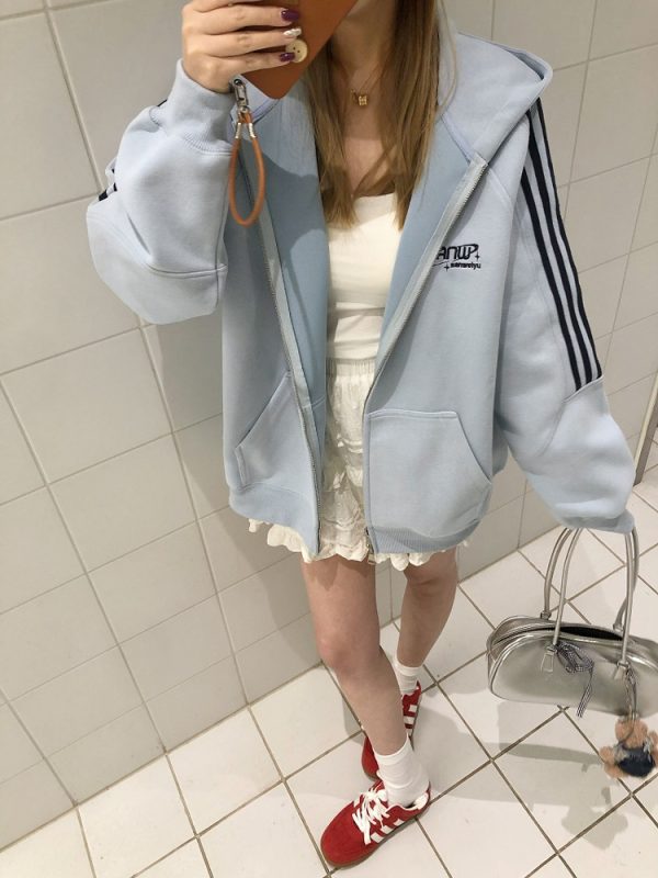 Vintage-Inspired Hooded Cardigan Sweatshirt for Couples - Unisex Loose Fit Zipper Jacket in Nostalgic Sports Style for Back to School