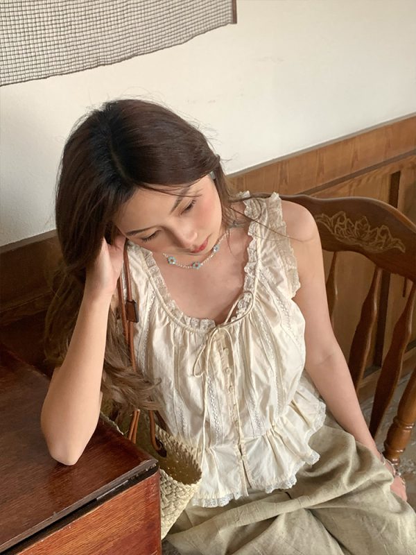 Vintage-Inspired Late Spring Lover French Lace Trim Cami Top for Women, Summer Pure Cotton Waist-Defined Blouse, Y2K Style