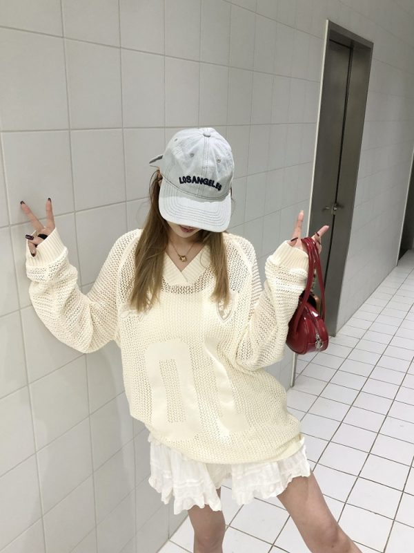 Vintage-Inspired Loose Fit V-Neck Sweater with Digital Print, Long Sleeve Knitted Top, Ballet Style Hollow Design