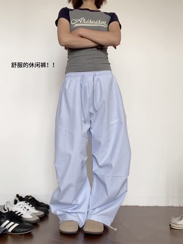 Vintage-Inspired Loose Pleated Jazz Dance Striped Wide-Leg Trousers for Women - Casual Sports Pants in American Style