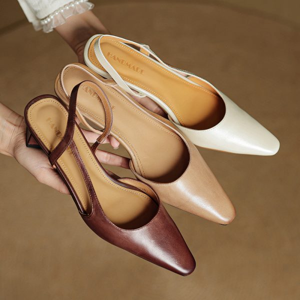 Vintage-Inspired Minimalist Genuine Leather Mid-Heel Sandals for Women - Hollow Design, Commuting Friendly, Chic OL Style
