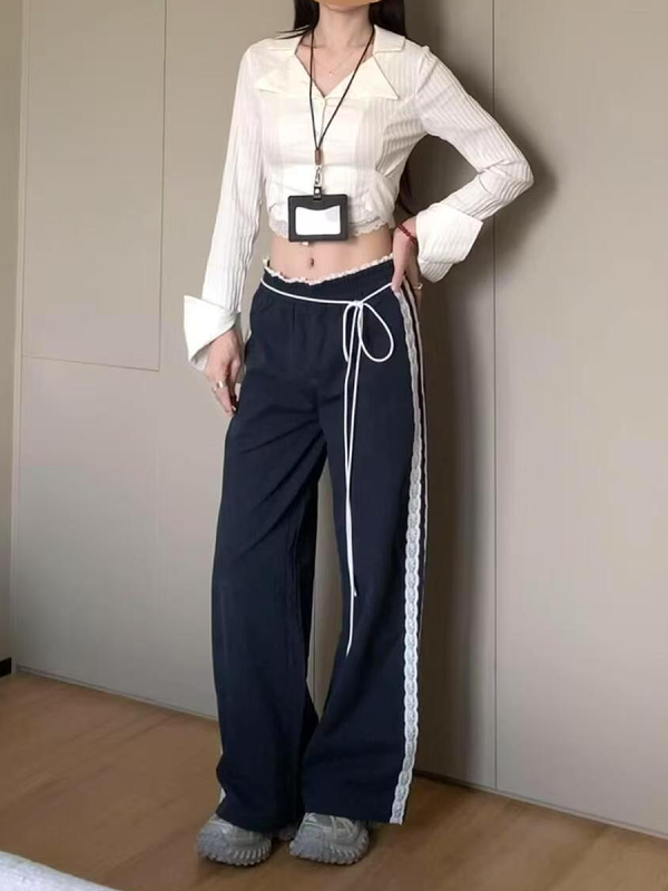 Vintage-Inspired Women's Lace Trim Wide-Leg Casual Pants - Draped Loose Straight Long Trousers for a Chic Retro Look