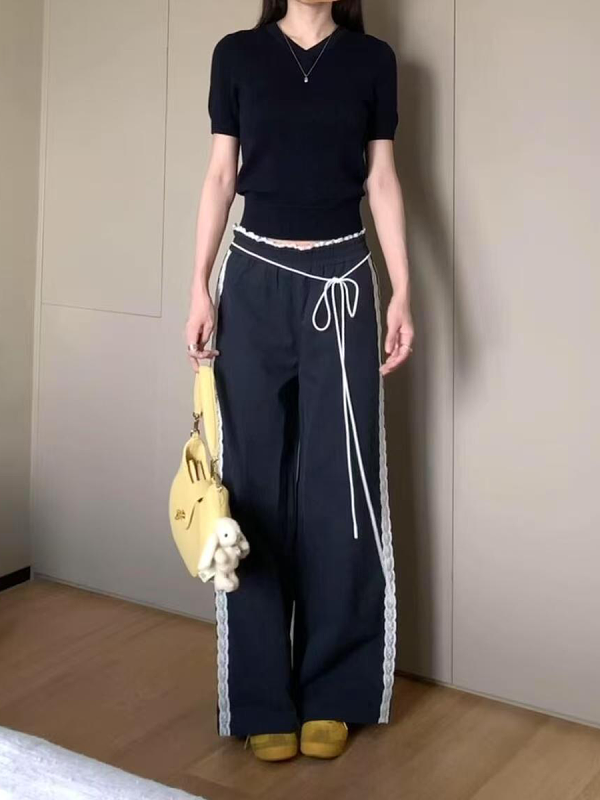 Vintage-Inspired Women's Lace Trim Wide-Leg Casual Pants - Draped Loose Straight Long Trousers for a Chic Retro Look