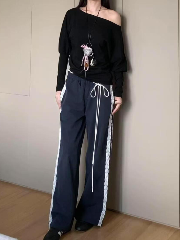 Vintage-Inspired Women's Lace Trim Wide-Leg Casual Pants - Draped Loose Straight Long Trousers for a Chic Retro Look