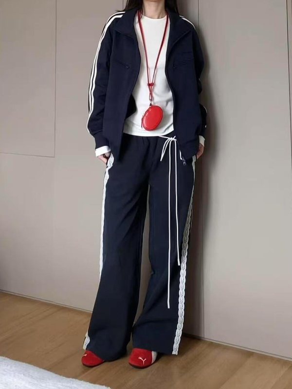 Vintage-Inspired Women's Lace Trim Wide-Leg Casual Pants - Draped Loose Straight Long Trousers for a Chic Retro Look