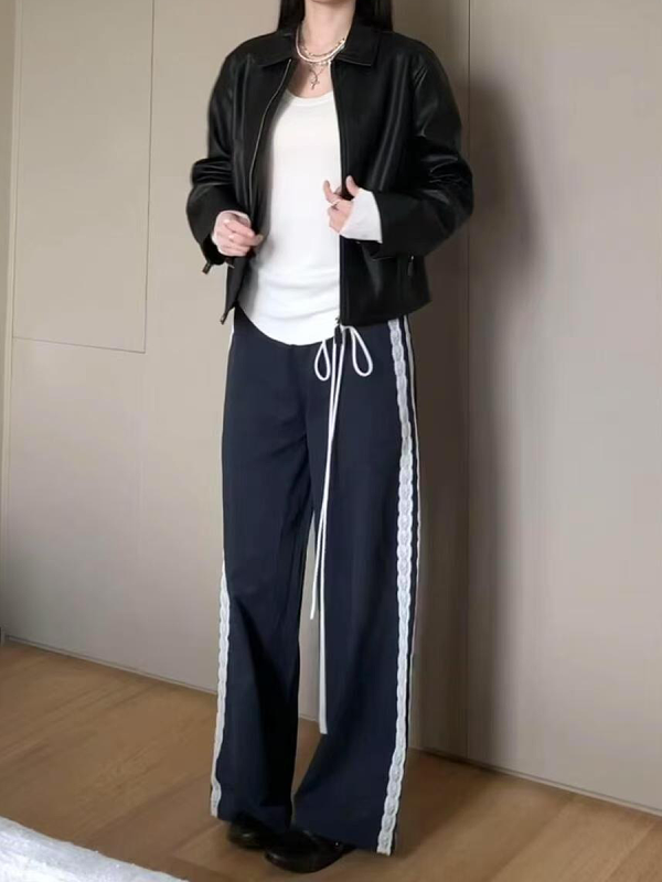 Vintage-Inspired Women's Lace Trim Wide-Leg Casual Pants - Draped Loose Straight Long Trousers for a Chic Retro Look