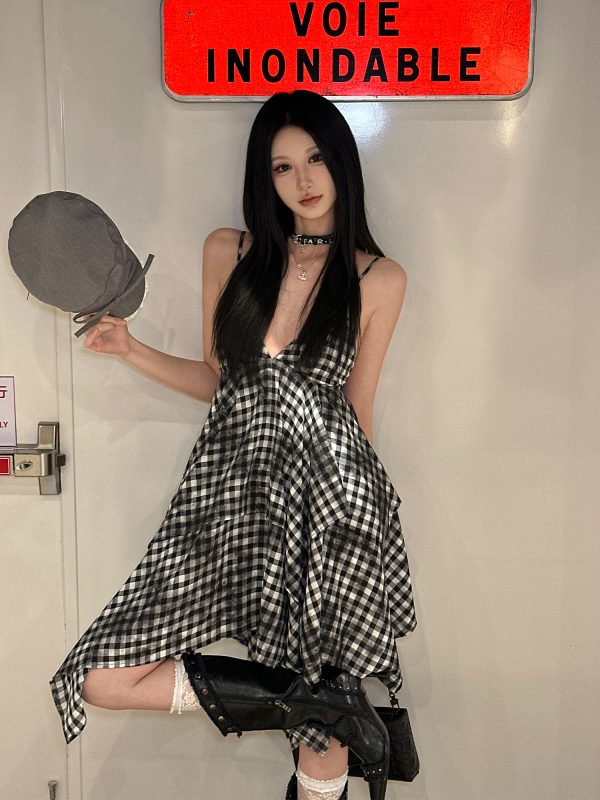 Vintage Irregular Double-Layer Plaid Camisole Dress for Women - Spicy Girl Y2K Inspired Layered Style