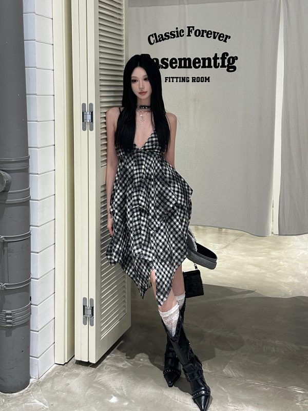 Vintage Irregular Double-Layer Plaid Camisole Dress for Women - Spicy Girl Y2K Inspired Layered Style