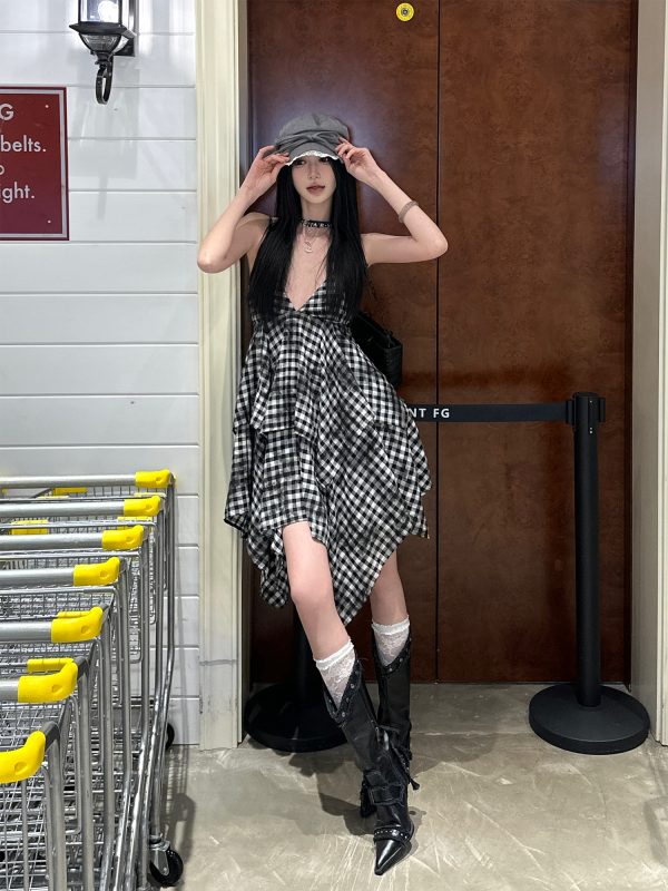 Vintage Irregular Double-Layer Plaid Camisole Dress for Women - Spicy Girl Y2K Inspired Layered Style