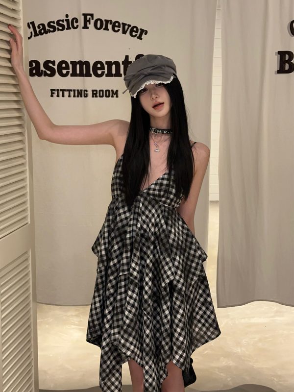 Vintage Irregular Double-Layer Plaid Camisole Dress for Women - Spicy Girl Y2K Inspired Layered Style