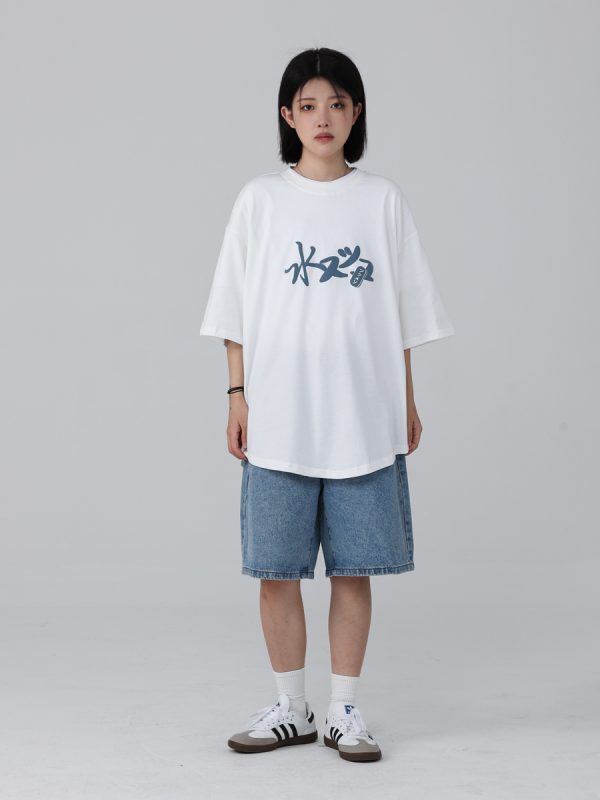 Vintage Japanese Style Printed Short-Sleeve T-Shirt for Men, Loose Fit Heavyweight Summer Top