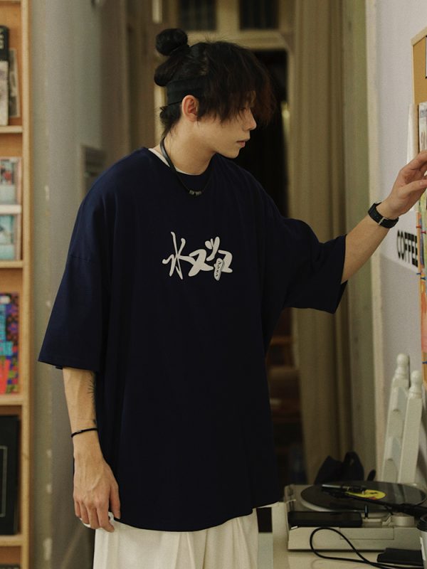 Vintage Japanese Style Printed Short-Sleeve T-Shirt for Men, Loose Fit Heavyweight Summer Top