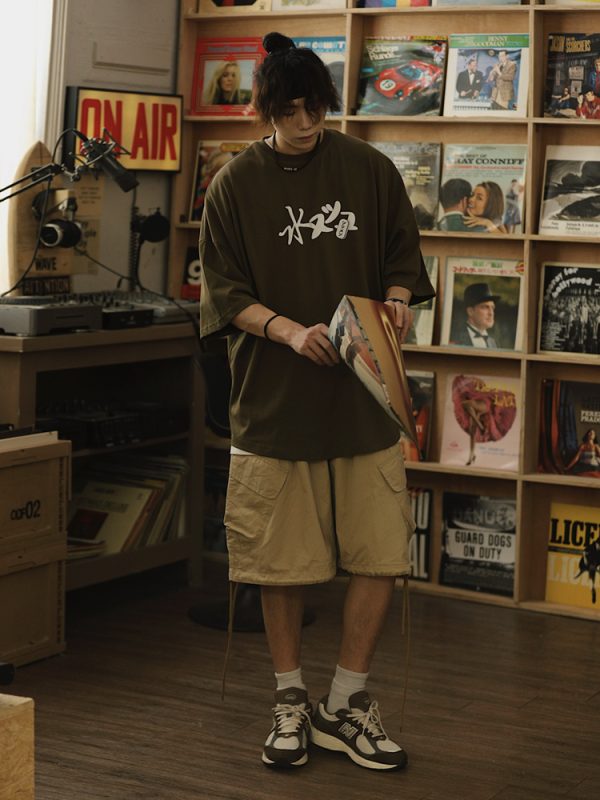 Vintage Japanese Style Printed Short-Sleeve T-Shirt for Men, Loose Fit Heavyweight Summer Top