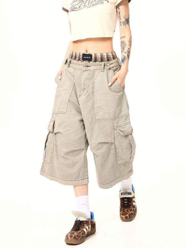 Vintage Khaki Cargo Seven-Point Pants for Men and Women - Unisex Multi-Pocket Loose Shorts for American Street Style Fashion
