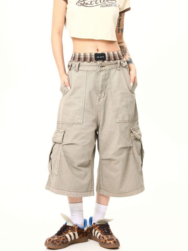 Vintage Khaki Cargo Seven-Point Pants for Men and Women - Unisex Multi-Pocket Loose Shorts for American Street Style Fashion