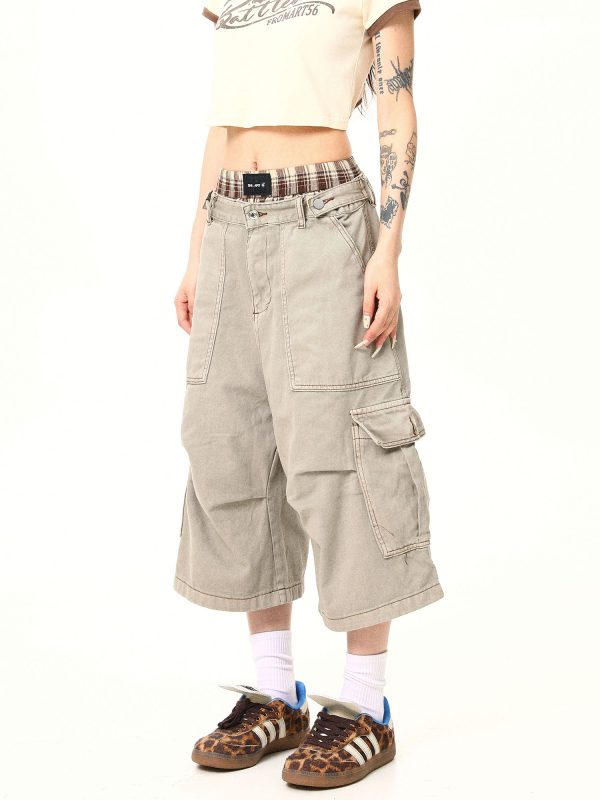 Vintage Khaki Cargo Seven-Point Pants for Men and Women - Unisex Multi-Pocket Loose Shorts for American Street Style Fashion