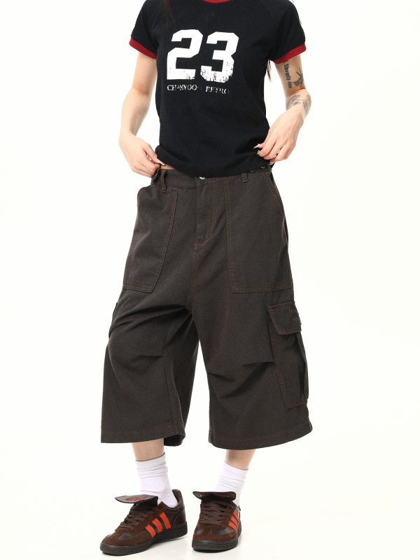 Vintage Khaki Cargo Seven-Point Pants for Men and Women - Unisex Multi-Pocket Loose Shorts for American Street Style Fashion