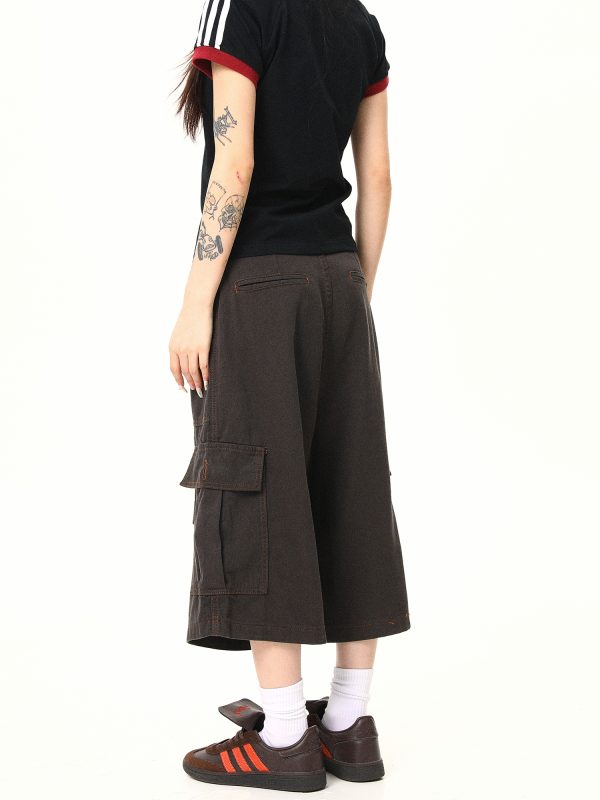 Vintage Khaki Cargo Seven-Point Pants for Men and Women - Unisex Multi-Pocket Loose Shorts for American Street Style Fashion