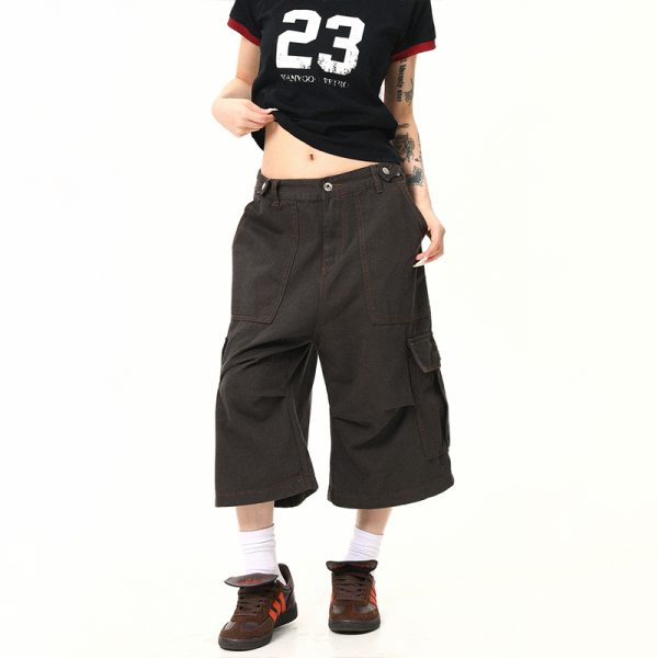 Vintage Khaki Cargo Seven-Point Pants for Men and Women - Unisex Multi-Pocket Loose Shorts for American Street Style Fashion
