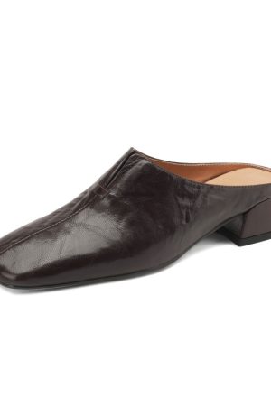 Vintage Lambskin One-Strap Half-Slide Mid-Heel Open-Toe Sandals for Women - Italian Style Casual Footwear