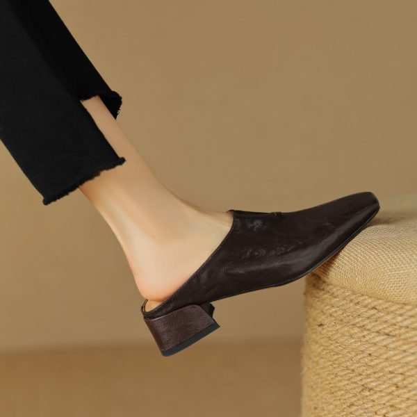 Vintage Lambskin One-Strap Half-Slide Mid-Heel Open-Toe Sandals for Women - Italian Style Casual Footwear