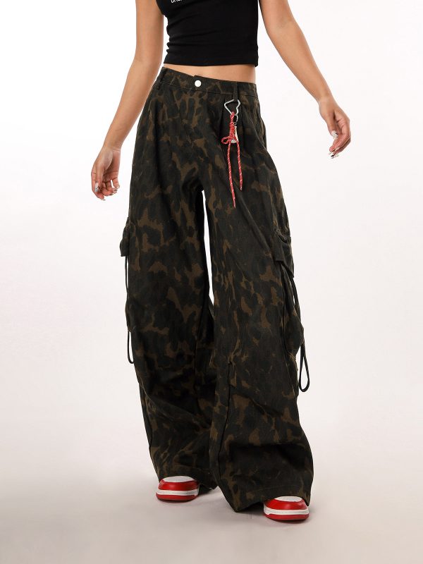 Vintage Leopard Print Camouflage Casual Pants for Women - BF Loose Wide-Leg Trousers in Lazy Style, Perfect for 90s Y2K Fashion
