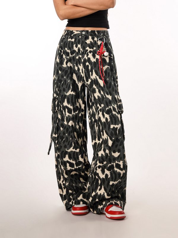 Vintage Leopard Print Camouflage Casual Pants for Women - BF Loose Wide-Leg Trousers in Lazy Style, Perfect for 90s Y2K Fashion