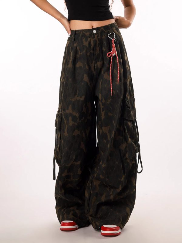 Vintage Leopard Print Camouflage Casual Pants for Women - BF Loose Wide-Leg Trousers in Lazy Style, Perfect for 90s Y2K Fashion