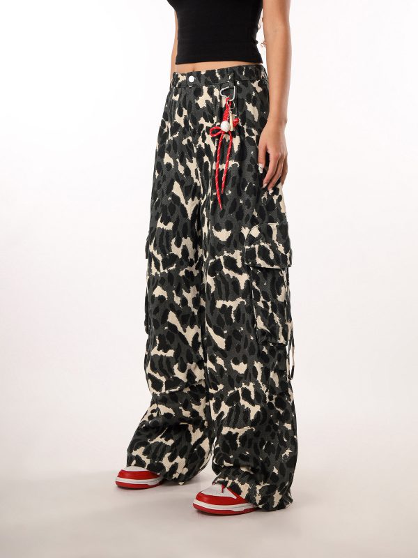 Vintage Leopard Print Camouflage Casual Pants for Women - BF Loose Wide-Leg Trousers in Lazy Style, Perfect for 90s Y2K Fashion