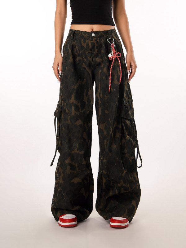 Vintage Leopard Print Camouflage Casual Pants for Women - BF Loose Wide-Leg Trousers in Lazy Style, Perfect for 90s Y2K Fashion