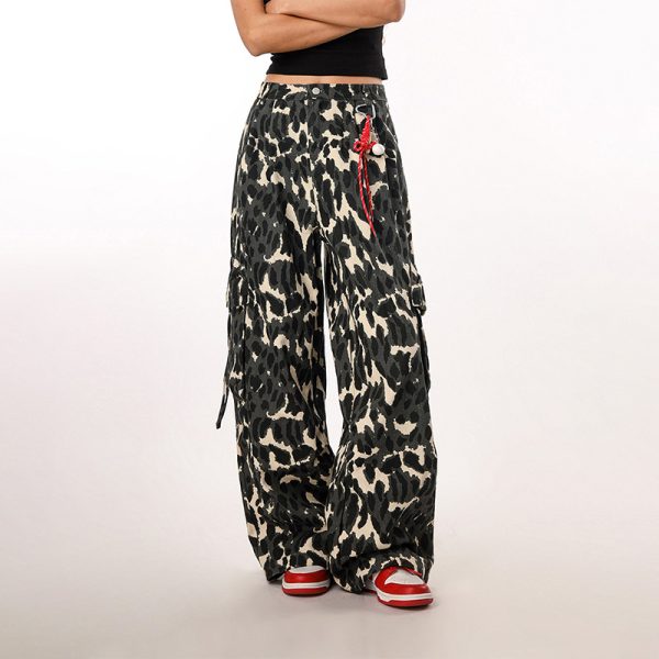 Vintage Leopard Print Camouflage Casual Pants for Women - BF Loose Wide-Leg Trousers in Lazy Style, Perfect for 90s Y2K Fashion