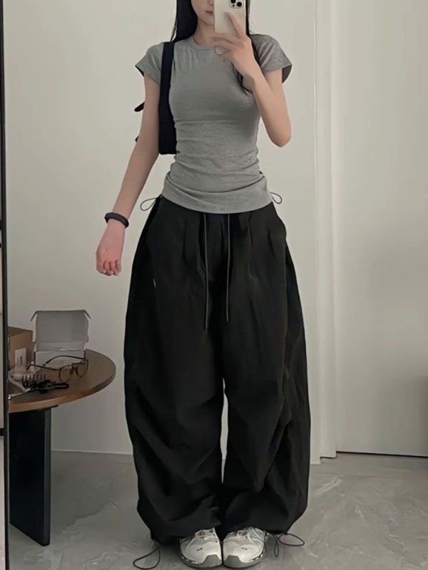 Vintage Loose Fit Cargo Pants for Women, Wide-Leg Parachute Trousers with Drawstring, Casual Jazz Dance Style, Floor-Length Sportswear