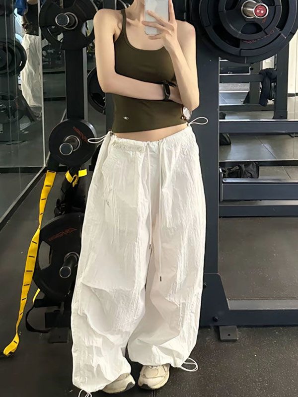 Vintage Loose Fit Cargo Pants for Women, Wide-Leg Parachute Trousers with Drawstring, Casual Jazz Dance Style, Floor-Length Sportswear