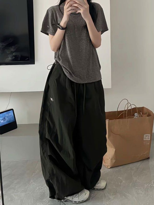 Vintage Loose Fit Cargo Pants for Women, Wide-Leg Parachute Trousers with Drawstring, Casual Jazz Dance Style, Floor-Length Sportswear